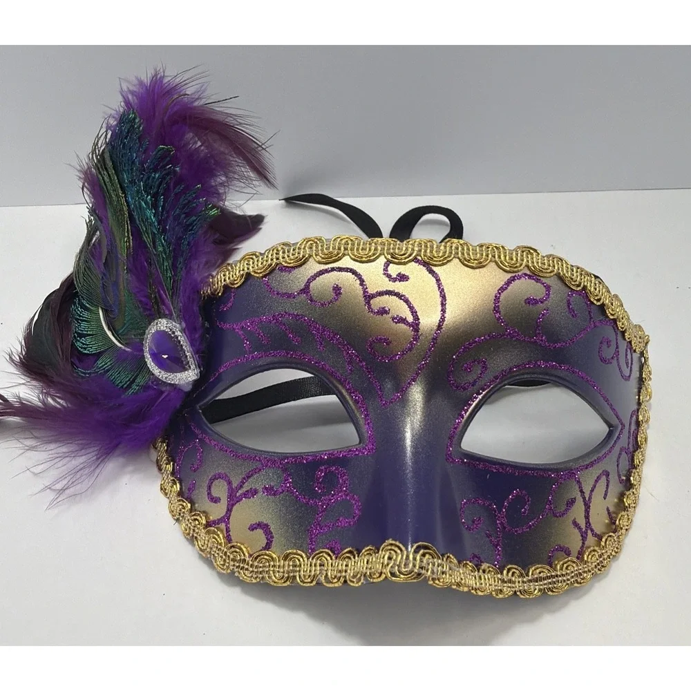 Purple and Gold Venetian-style masquerade mask adorned with peacock feathers